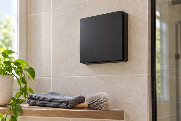 Illustration of a closed matte black bathroom extractor fan with a dry cloth and dusting brush on the shelf below.