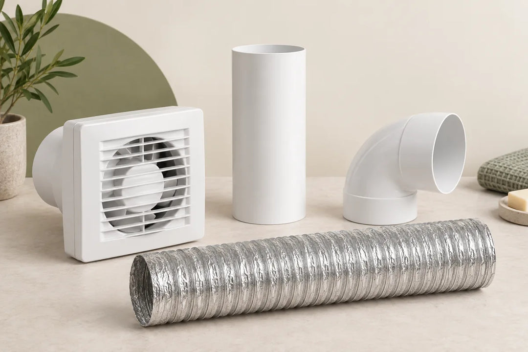 Illustration of a bathroom extractor fan with rigid ducting, a bend and a flexible duct section.