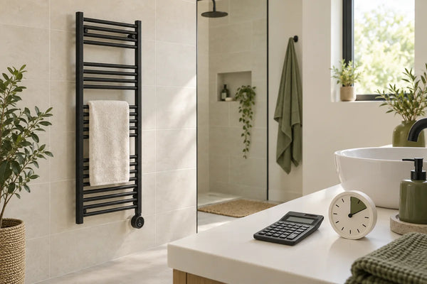 Illustration of a black electric towel radiator beside a timer and calculator for estimating running costs.