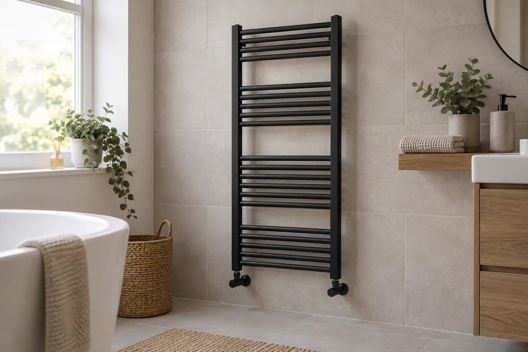 Illustration of an unobstructed black ladder towel radiator with bottom valves on a tiled bathroom wall.