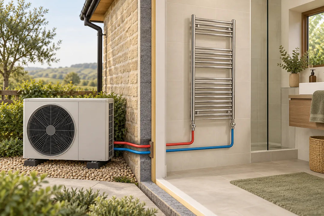 Conceptual illustration of an outdoor air-source heat pump connected to a chrome bathroom towel radiator.