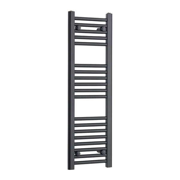 Tall matt black heated towel rail radiator on a white background