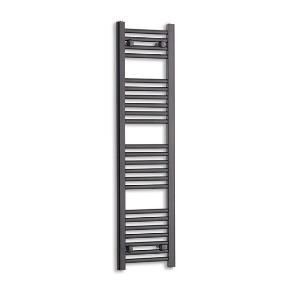 Matt black heated towel rail radiator on a white background