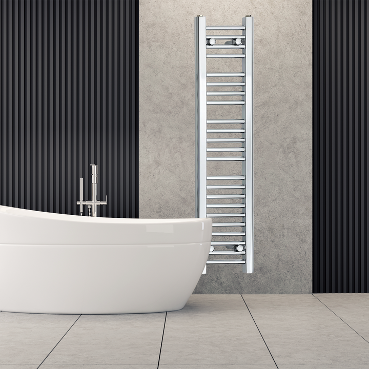 Chrome towel radiator beside a bathtub