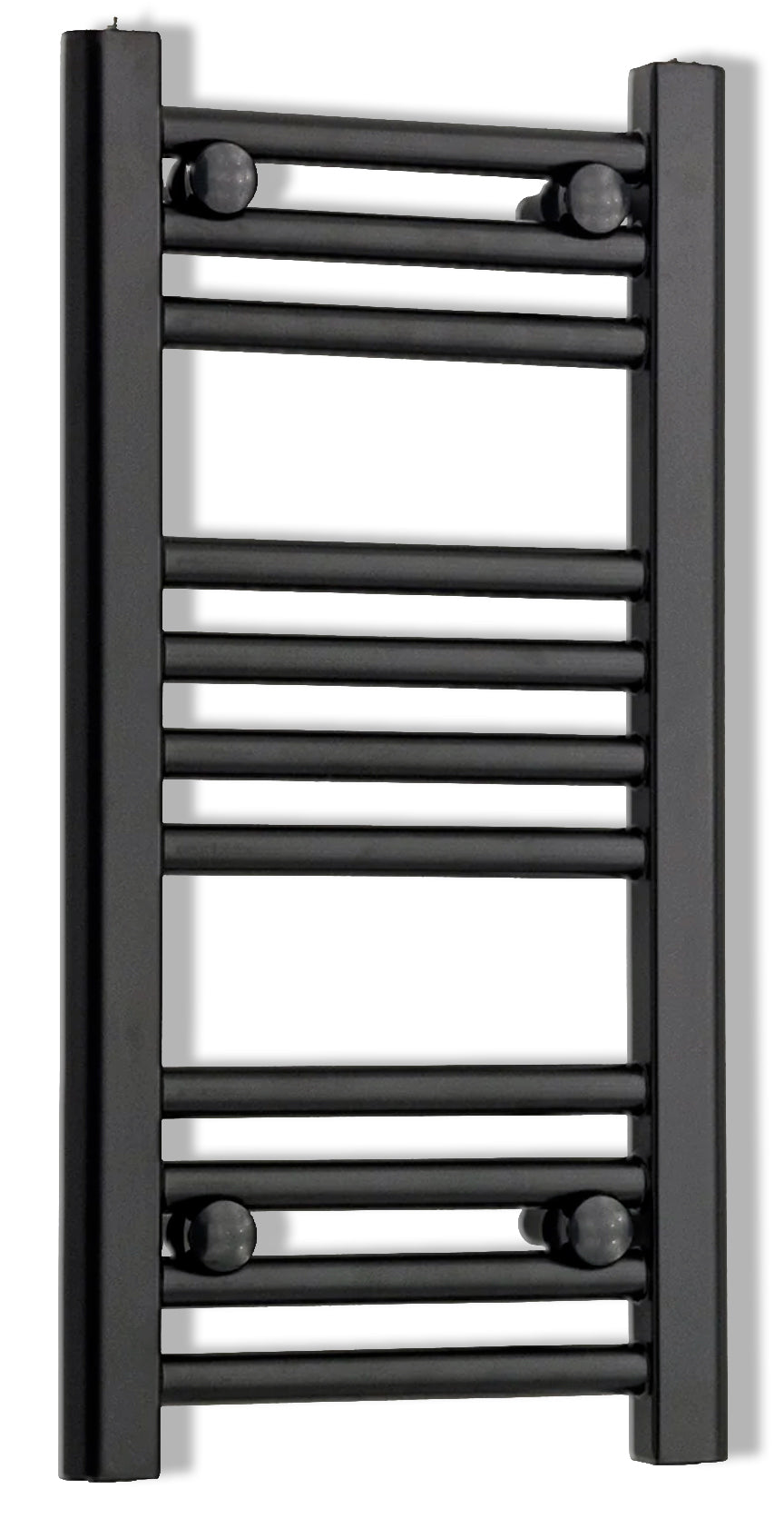 Narrow matt black heated towel rail radiator on a white background