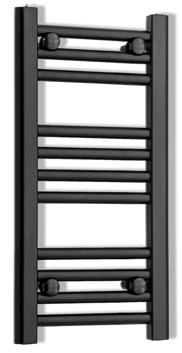 Narrow matt black heated towel rail radiator on a white background
