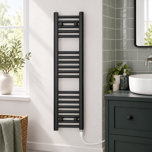200mm wide 1000mm high black towel radiator — bathroom lifestyle with standard element