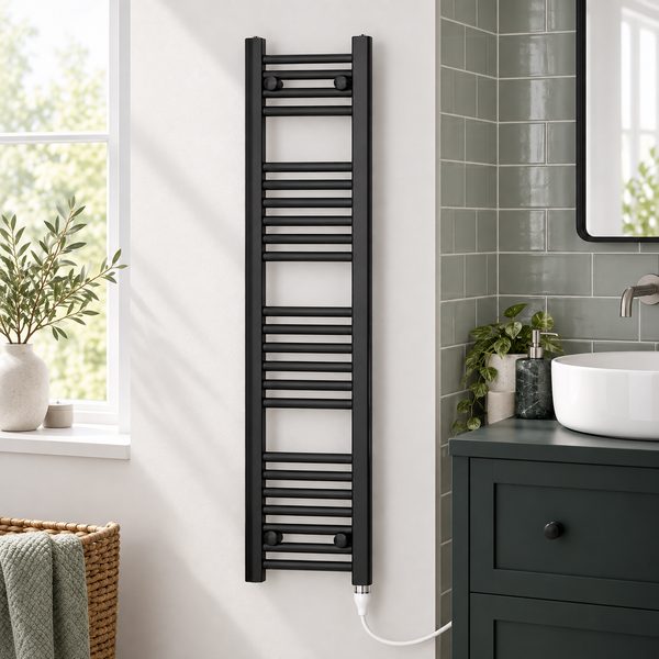 200mm wide 1200mm high black towel radiator — bathroom lifestyle with standard element