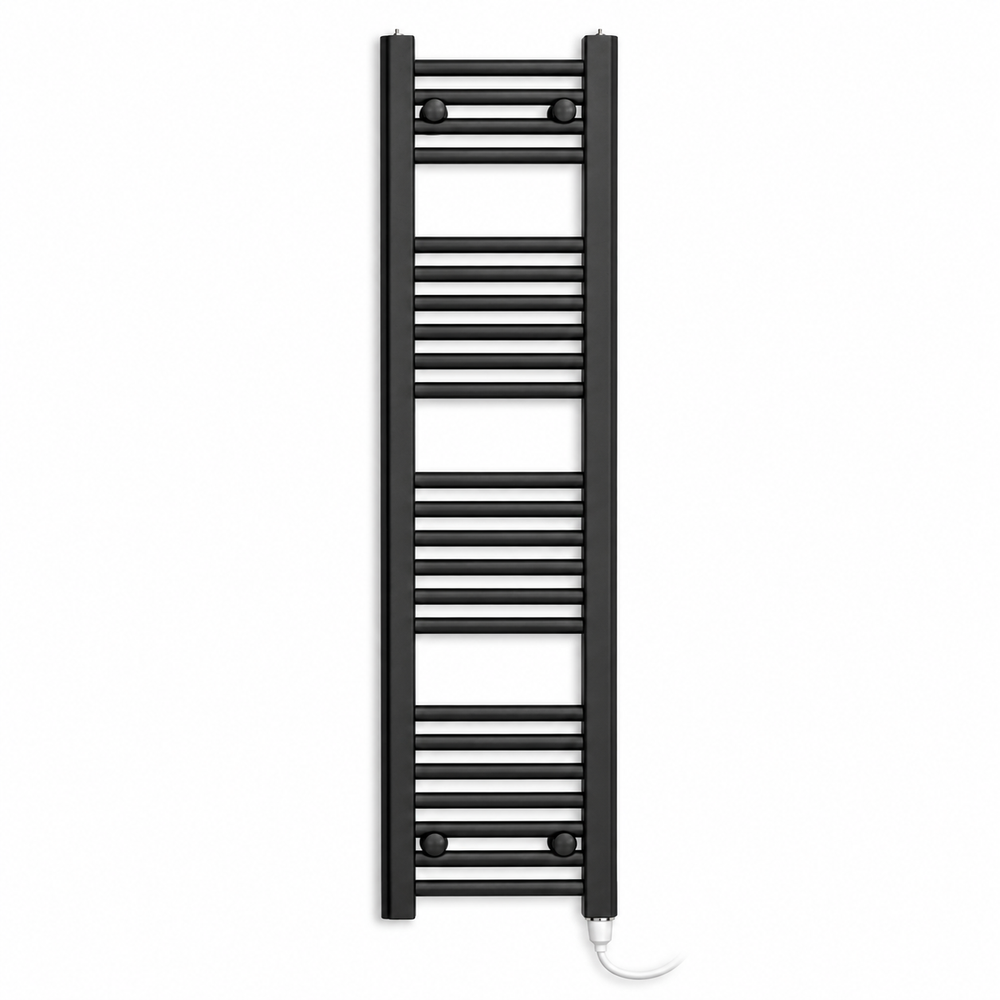 200mm wide 1200mm high matt black towel radiator with standard heating element fitted vertically at bottom right