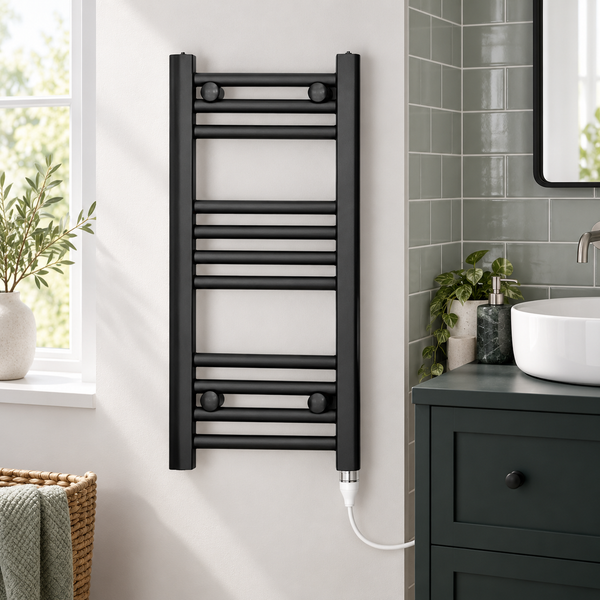 Black towel radiator with standard heating element fitted at the bottom in a bathroom setting