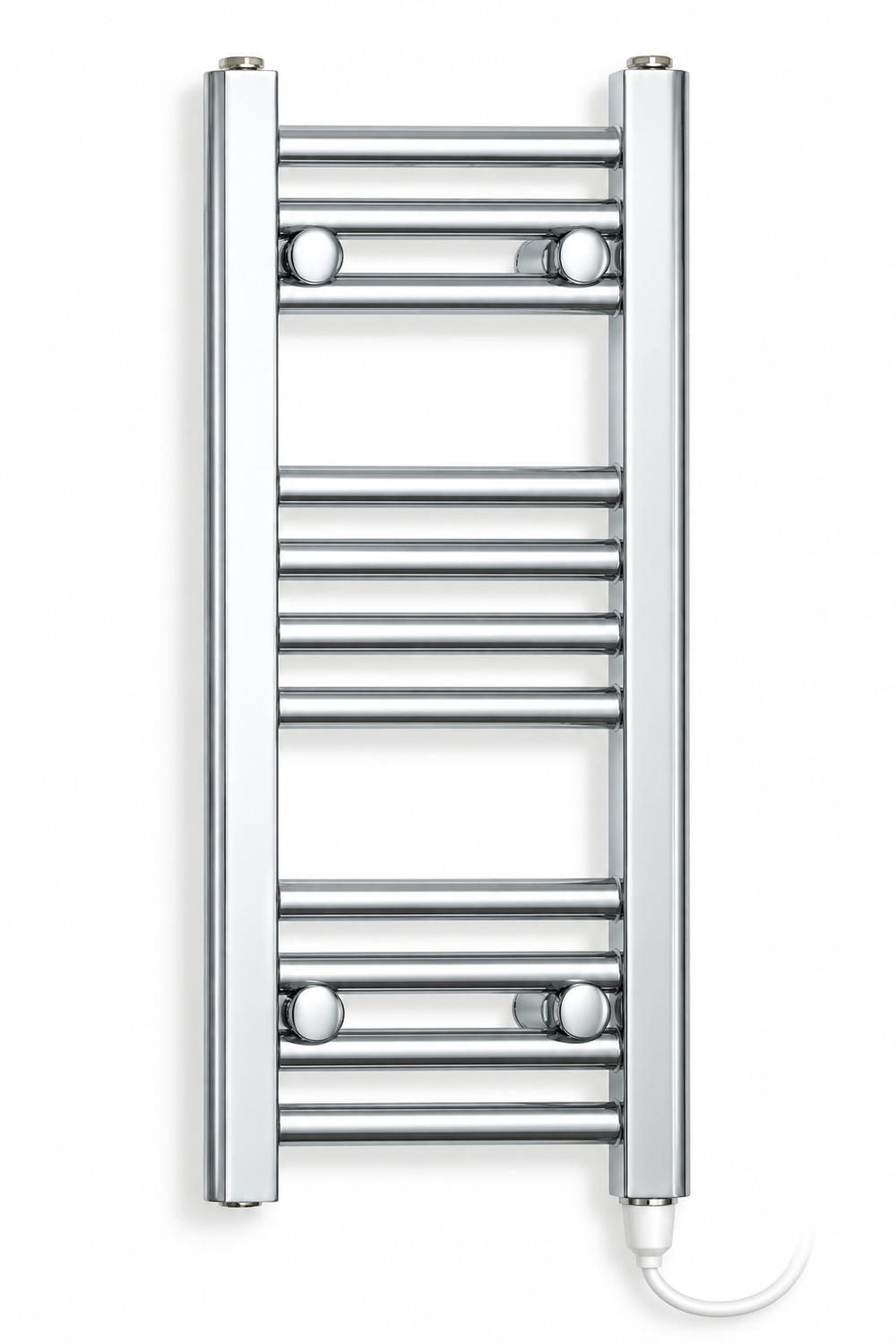 200mm wide 600mm high polished chrome towel radiator with standard heating element fitted vertically at bottom right