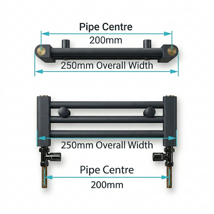 Measurement diagram showing 250mm towel radiator width and 200mm pipe centres