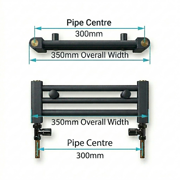 Pipe centres diagram for 350mm wide towel radiator
