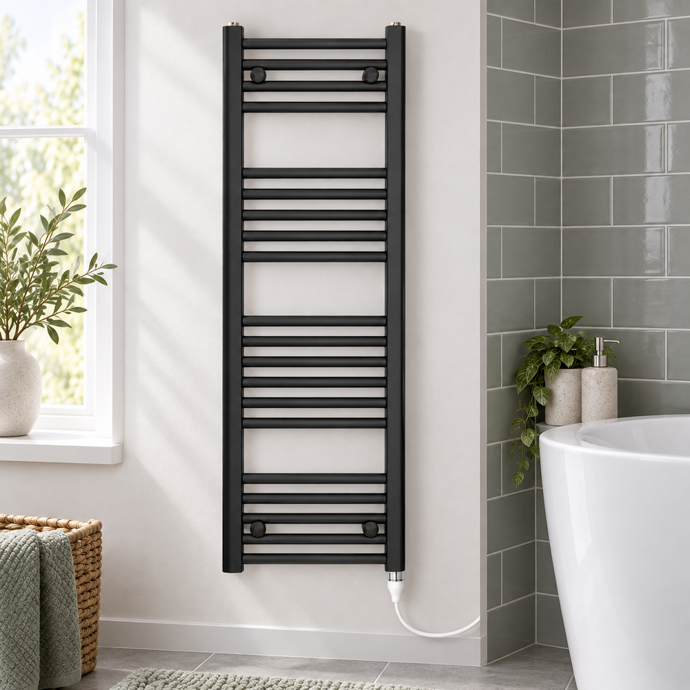350mm wide 1400mm high black towel radiator — bathroom lifestyle with standard element