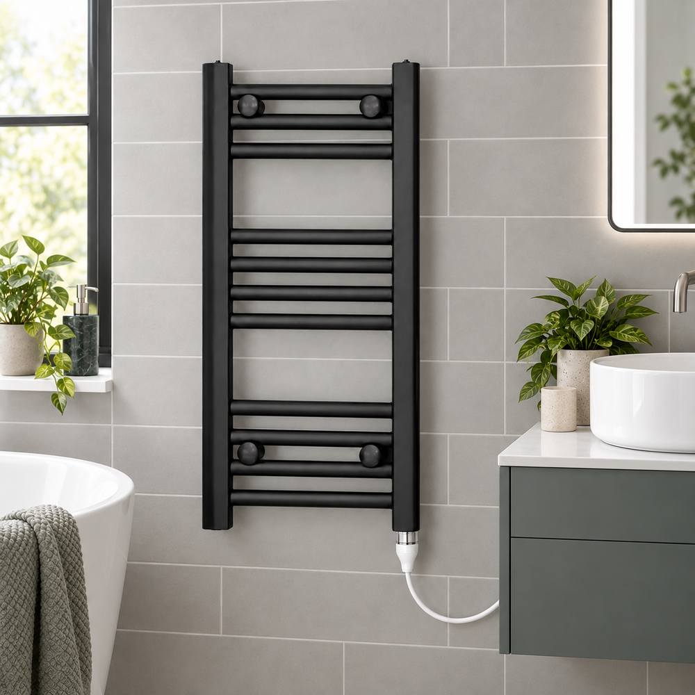 350mm wide 600mm high black towel radiator — bathroom lifestyle with standard element