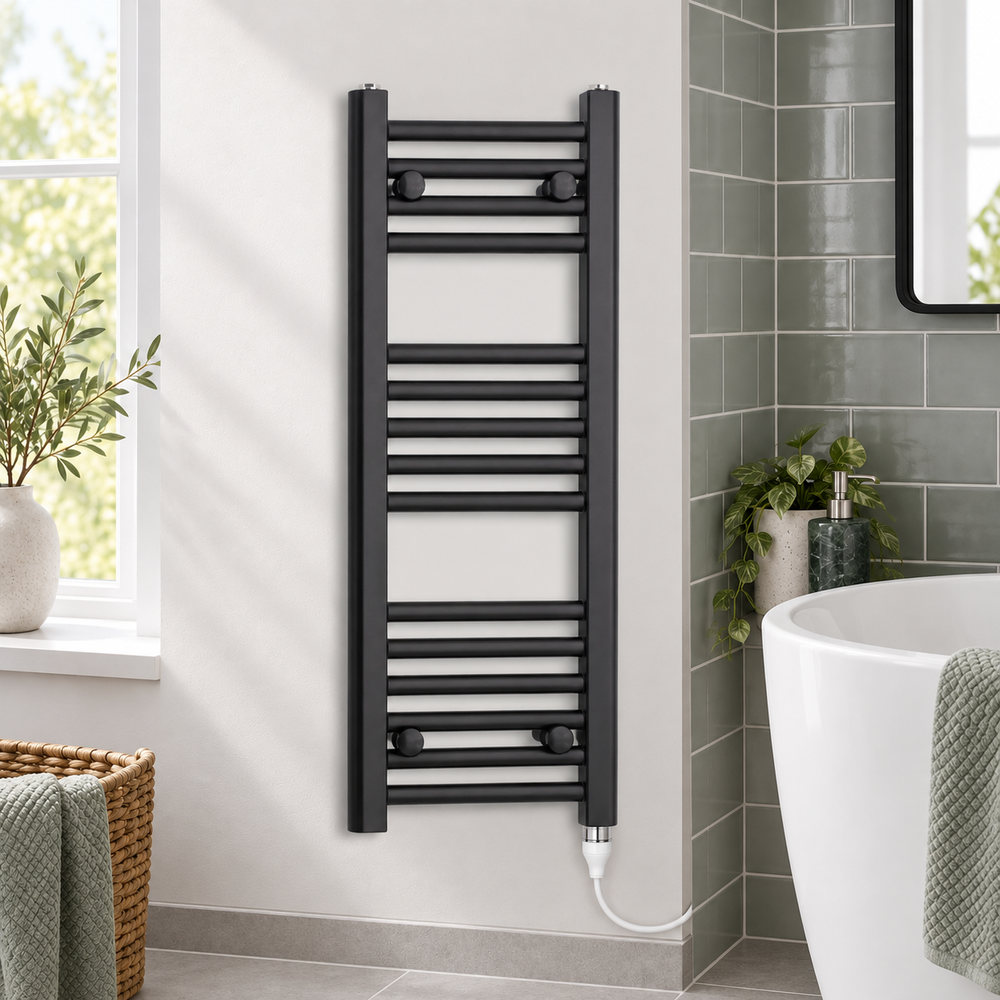 350mm wide 800mm high black towel radiator — bathroom lifestyle with standard element