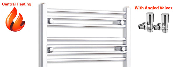 Chrome towel radiator with angled valves on a white background