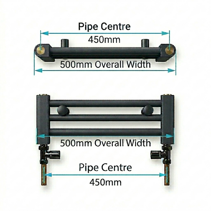Pipe centres diagram for 500mm wide towel radiator