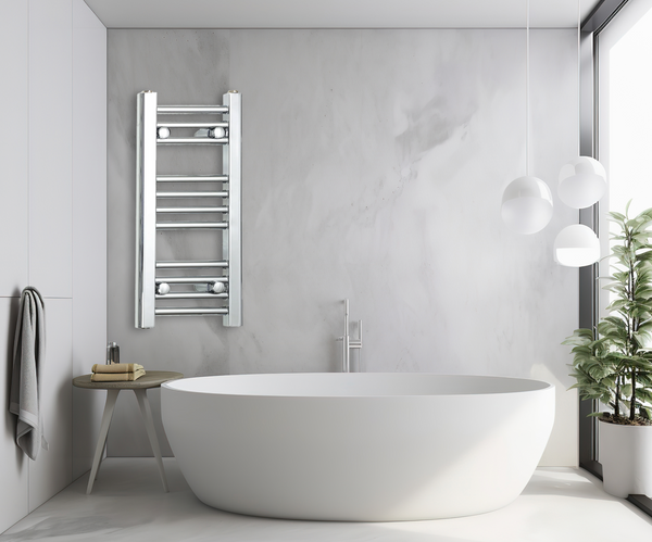 Flat chrome ladder towel radiator mounted in a bathroom. — radiator body reference