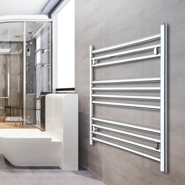 600mm high chrome heated towel radiator shown in product image.