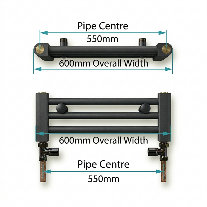 Pipe centres diagram for 600mm wide towel radiator