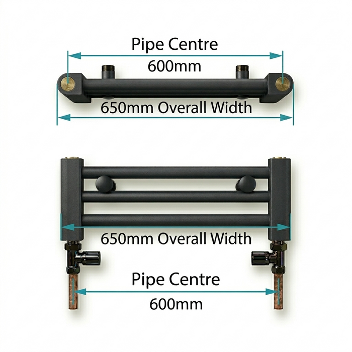 Pipe centres diagram for 650mm wide towel radiator