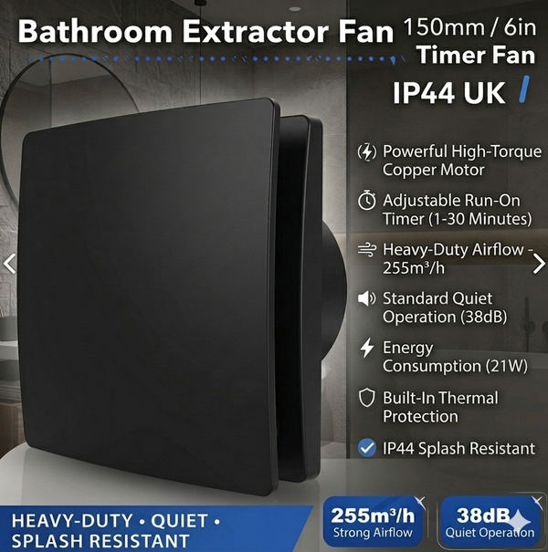 Bathroom extractor fan with features listed on a gray background