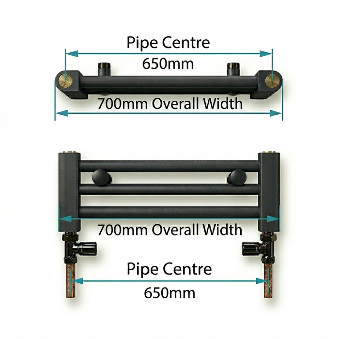 Pipe centres diagram for 700mm wide towel radiator
