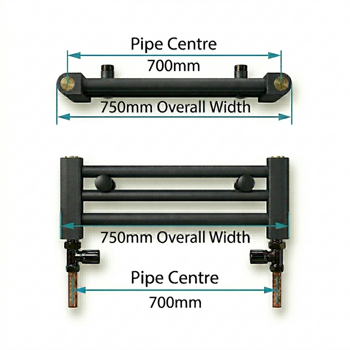 Pipe centres diagram for 750mm wide towel radiator