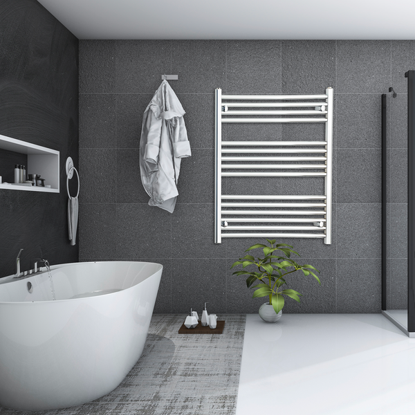 800mm high flat chrome heated towel radiator.