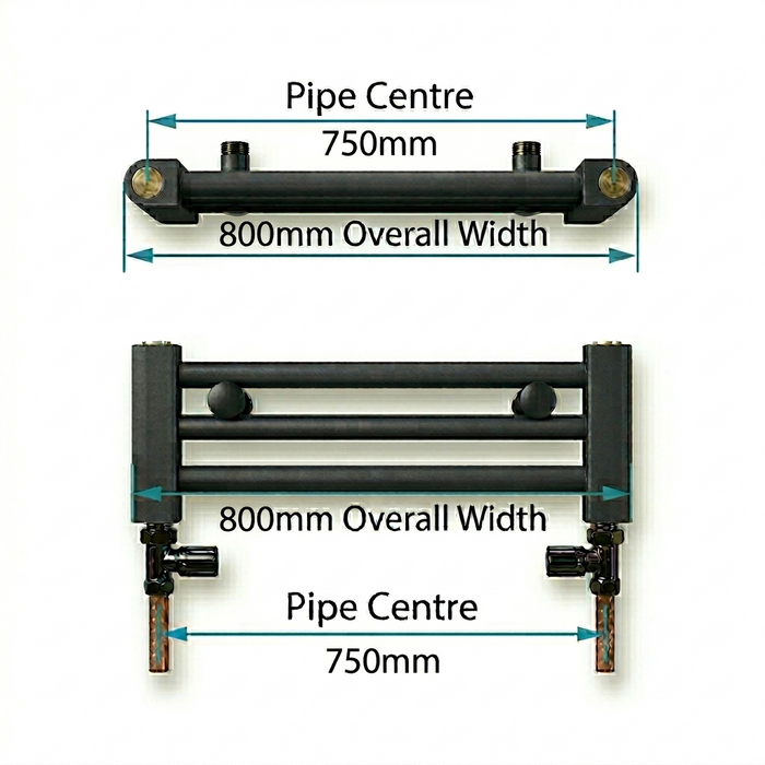 Pipe centres diagram for 800mm wide towel radiator