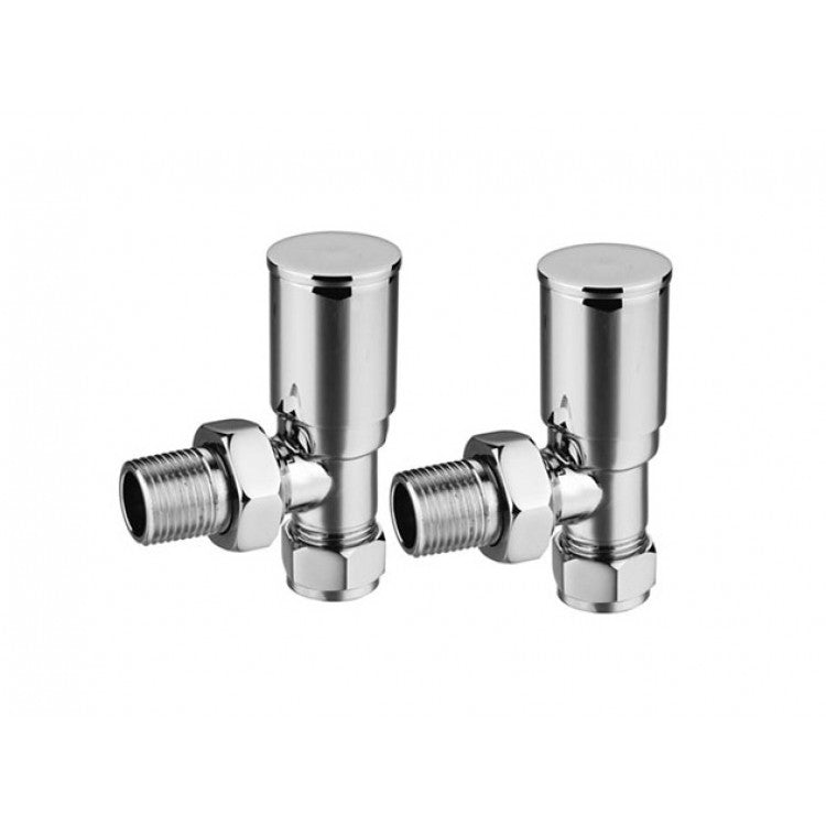 Pair of angled chrome radiator valves on a white background.