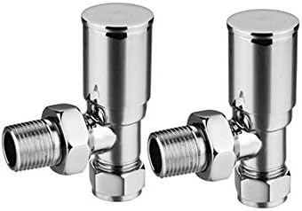 Pair of angled chrome radiator valves with fittings.