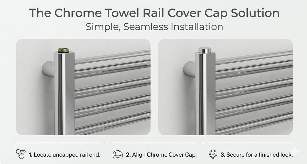Chrome towel rail cover cap solution with installation steps on a white background