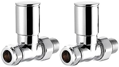 A pair of chrome-plated straight towel rail radiator valves with reduction fittings.