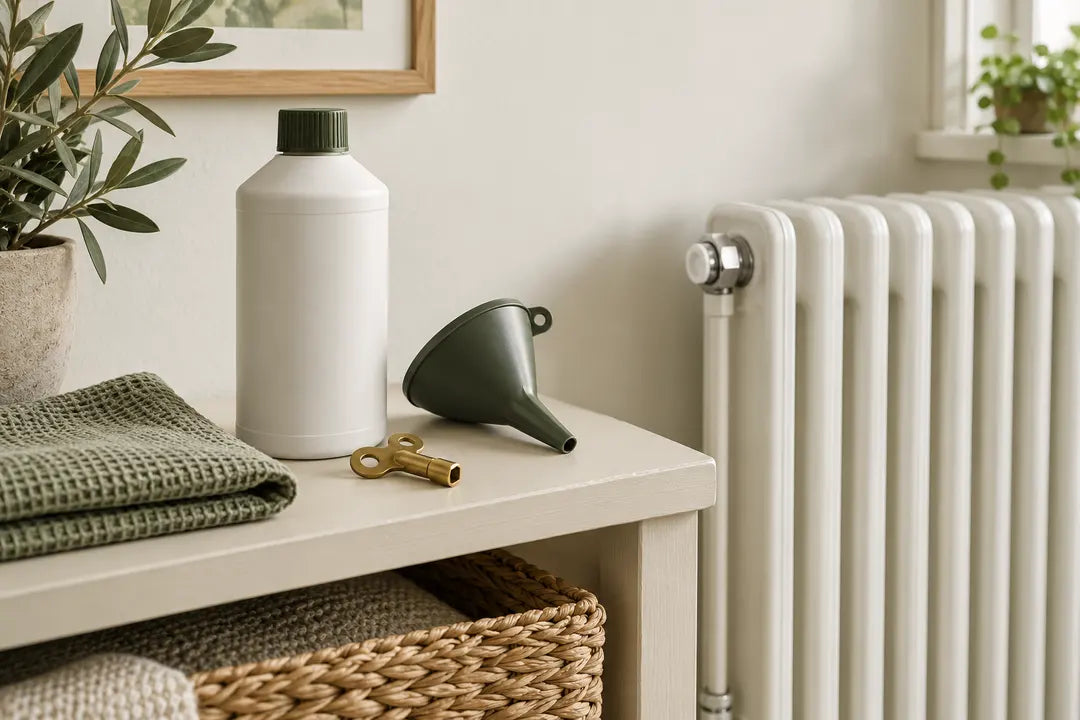 Unbranded inhibitor bottle, radiator funnel and bleed key beside a cool radiator