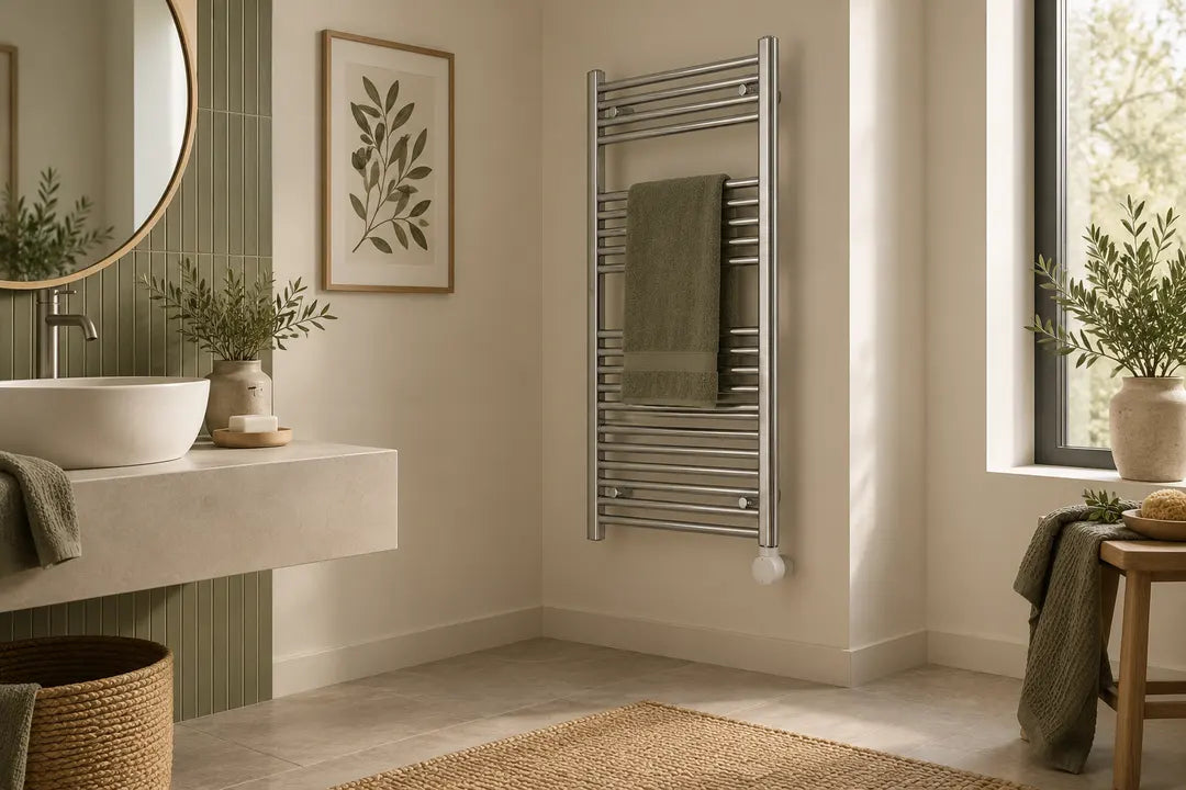 Chrome towel radiator with an electric heating element control, illustrating electric-only operation