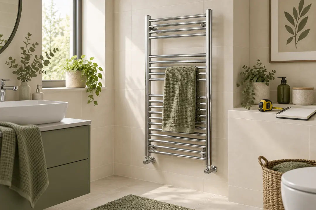 Illustrative bathroom with a chrome towel radiator.