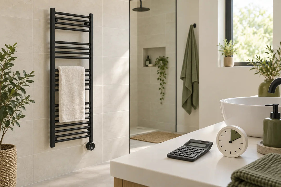Illustration of a black electric towel radiator beside a timer and calculator for estimating running costs.
