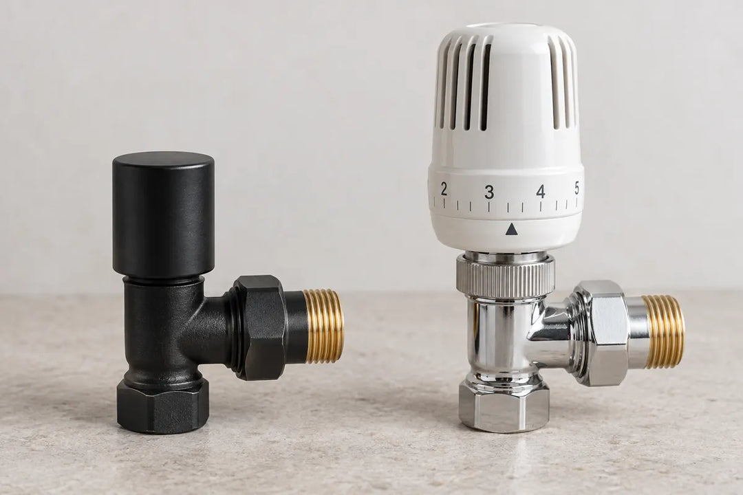 Illustrative comparison of a black manual radiator valve and a chrome valve with a white numbered thermostatic head.