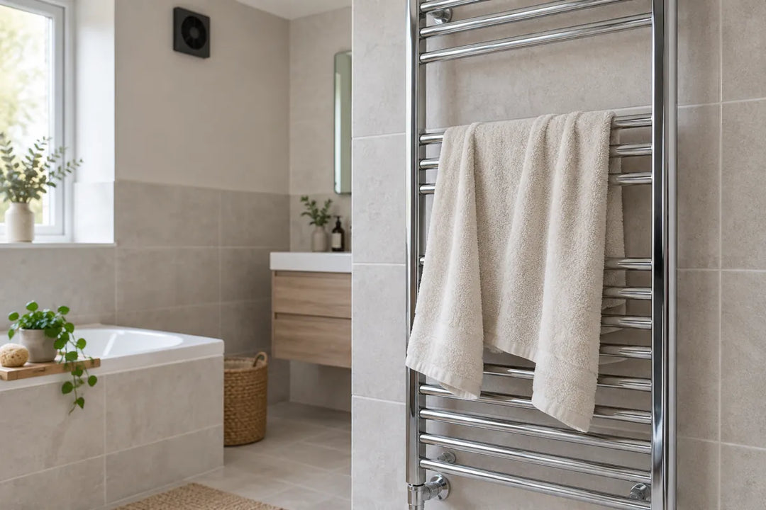 Illustration of a cream towel hanging loosely over a chrome towel radiator, with a bathroom extractor fan in the background.