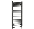 Tall black towel radiator shown with straight valves