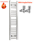Chrome towel radiator with angled valves on a white background.