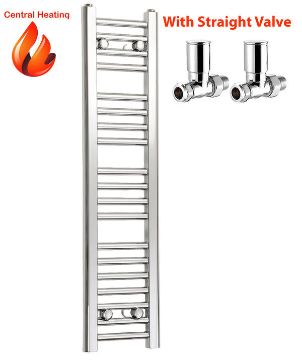Chrome towel radiator with straight valves on a white background.