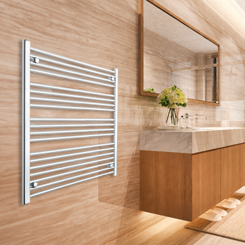 Bathroom with a towel radiator mounted on a wooden wall, a sink, and a mirror.