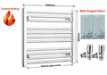 Chrome towel radiator with dimensions and angled valve illustration on a white background