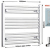 1000mm Wide 600mm High Flat Chrome Heated Towel Rail Radiator