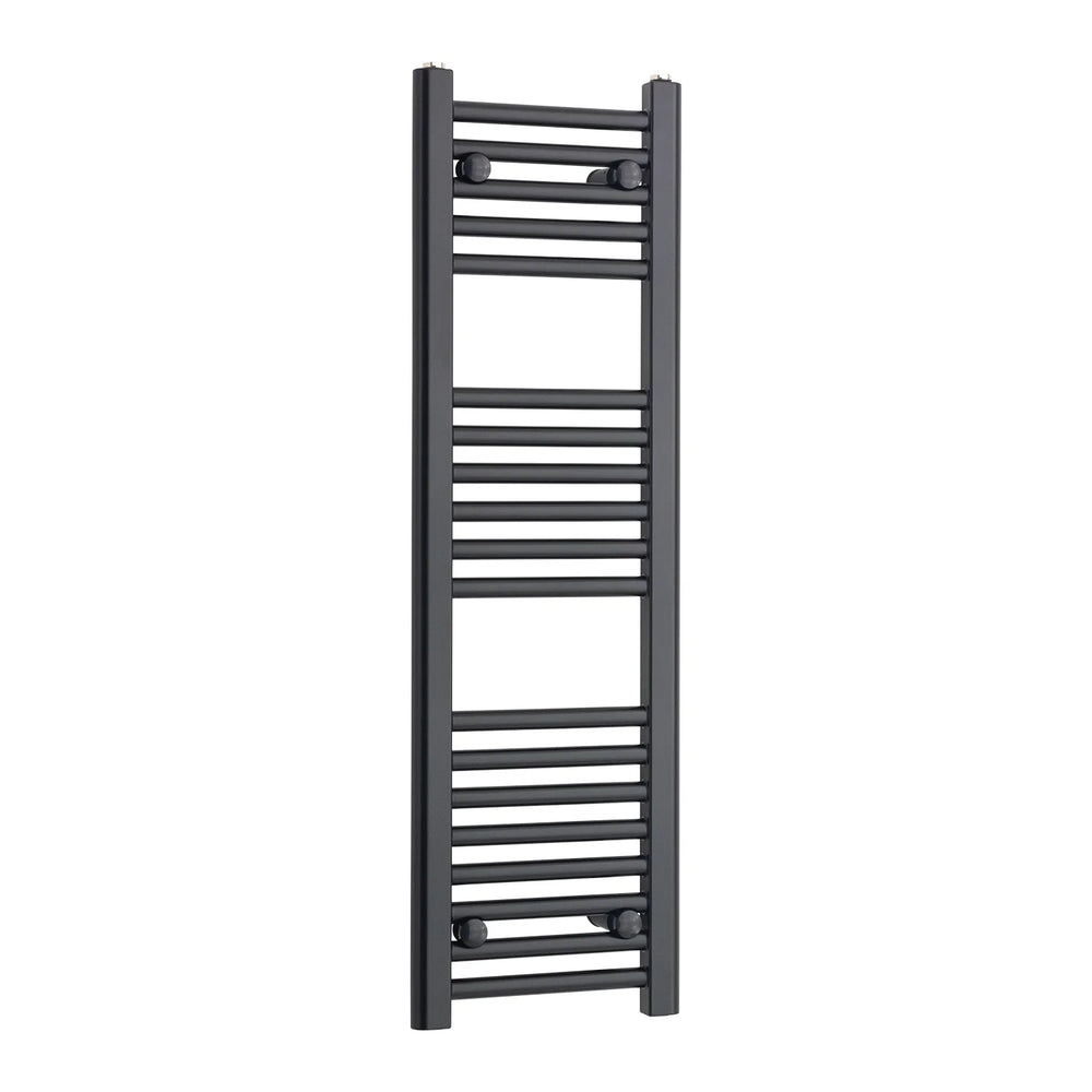 Tall matt black heated towel rail radiator on a white background