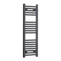 Tall matt black heated towel rail radiator on a white background