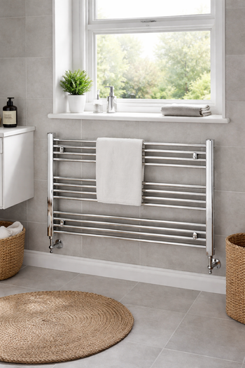 Towel radiator in a bathroom with a window and decorative items.